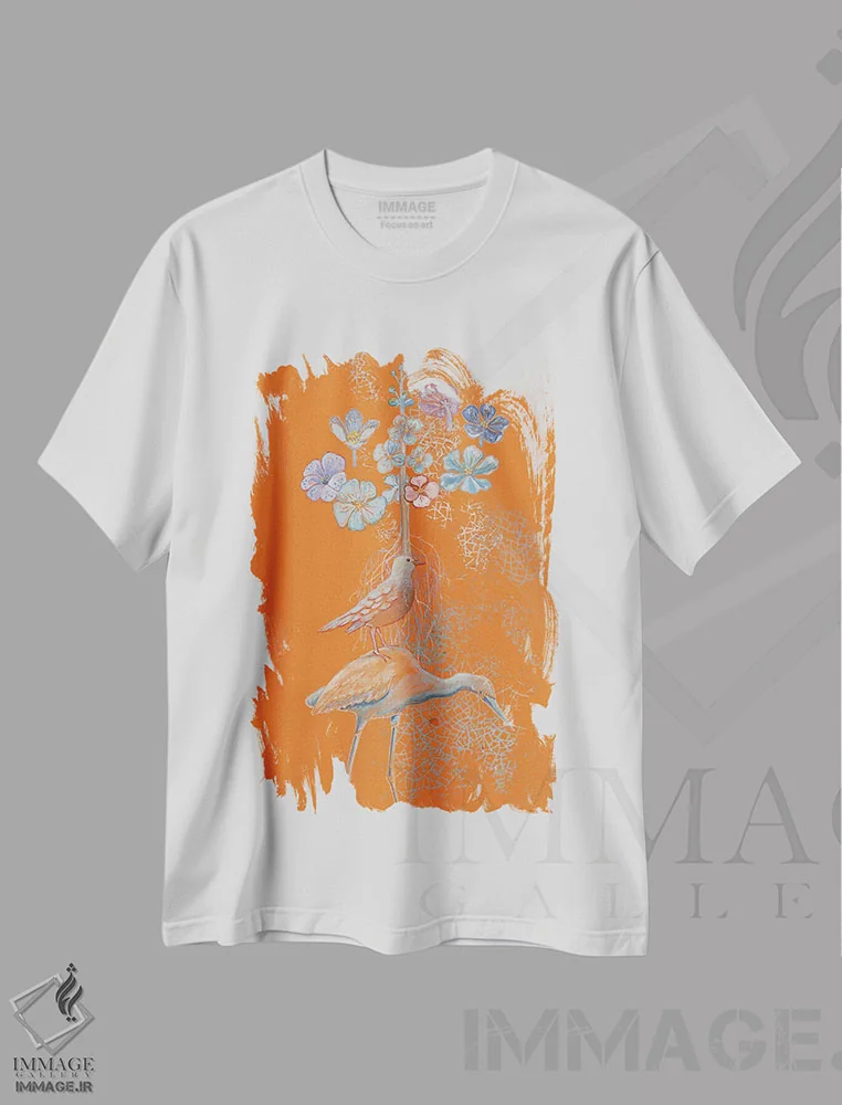 تیشرت سفید طرح دار – تیشرت طبیعت ,رؤیاهای حواصیل روی نارنجی اثر میری اشت immage.ir