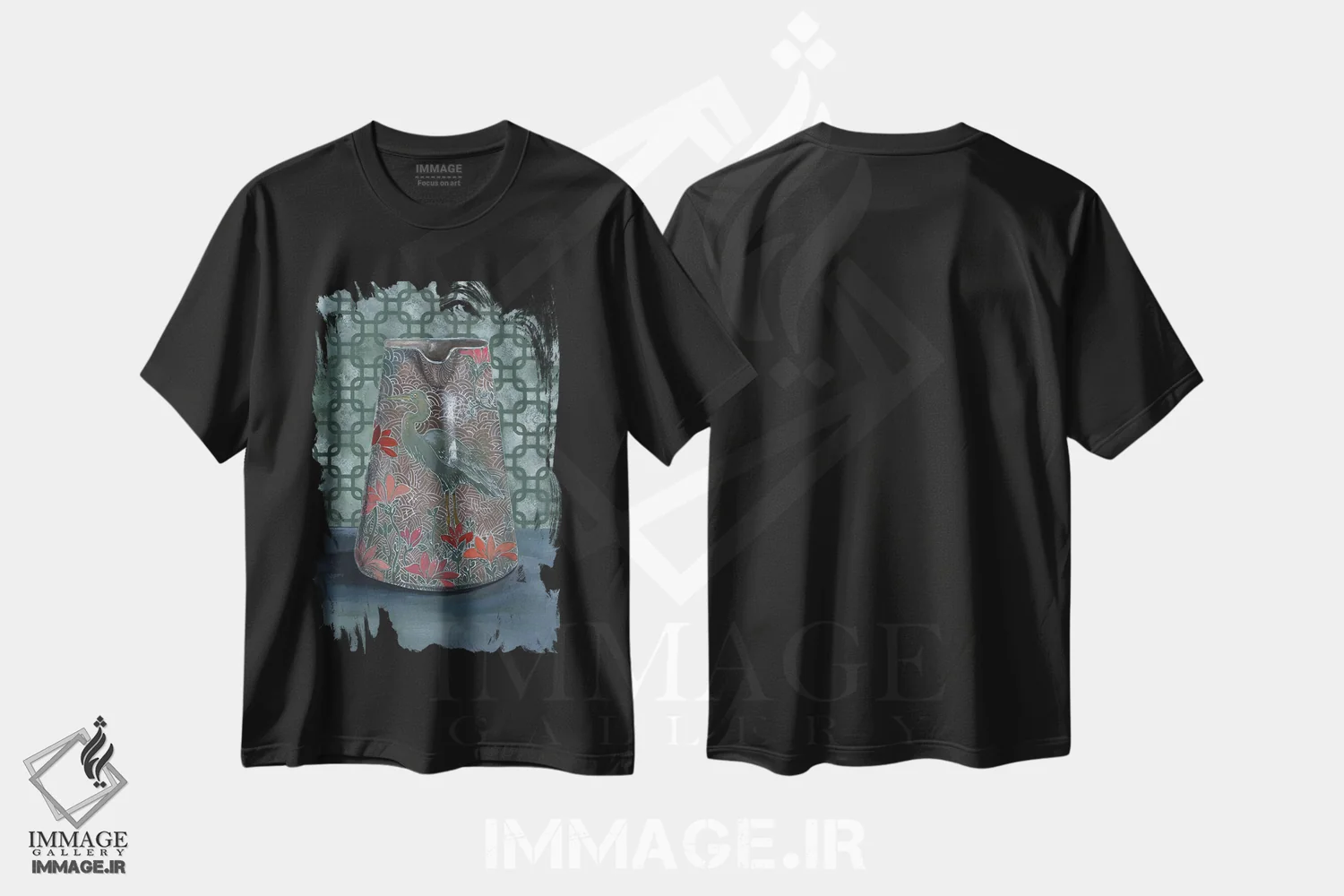 تیشرت مشکی طرح دار – تیشرت پرنده ,گلدان حواصیل اثر میری اشت immage.ir