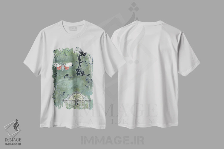 تیشرت سفید طرح دار – تیشرت هنری ,گلخانه و شب پره اثر میری اشت immage.ir