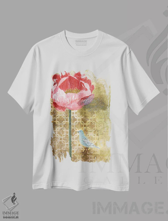 تیشرت سفید طرح دار – تیشرت گل و پرنده ,پرنده کوچک با گل صورتی اثر میری اشت فروشگاه ایماژ