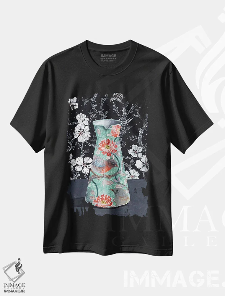 تیشرت مشکی طرح دار – تیشرت پرنده ,گلدان یشم با پرندگان اثر میری اشت فروشگاه ایماژ