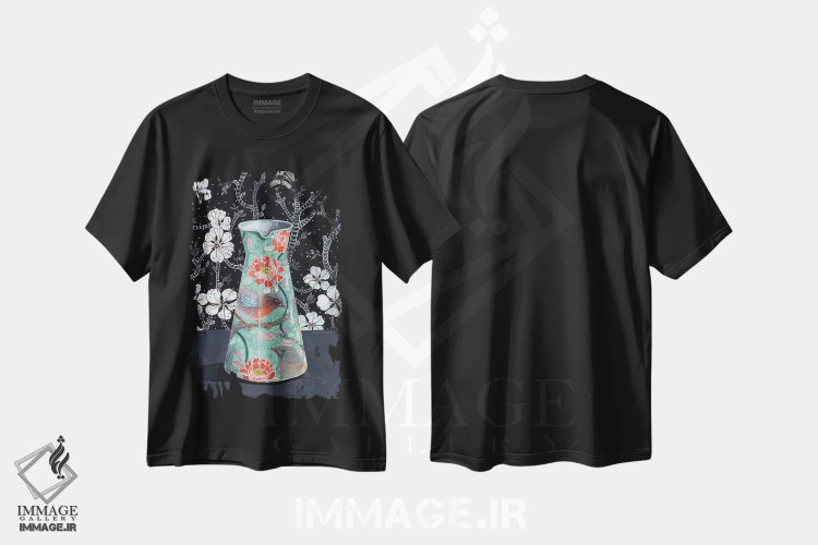 تیشرت مشکی طرح دار – تیشرت پرنده ,گلدان یشم با پرندگان اثر میری اشت فروشگاه ایماژ