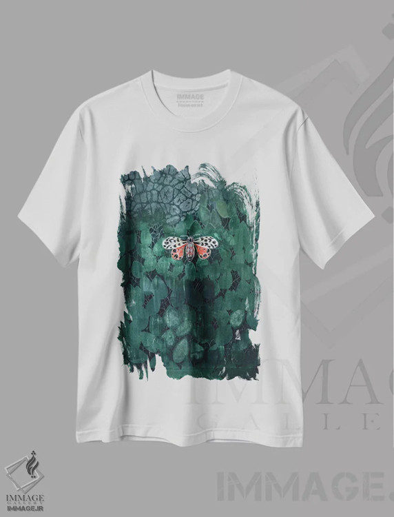 تیشرت سفید طرح دار – تیشرت طبیعت ,شب پره روی برگ ها اثر میری اشت immage.ir