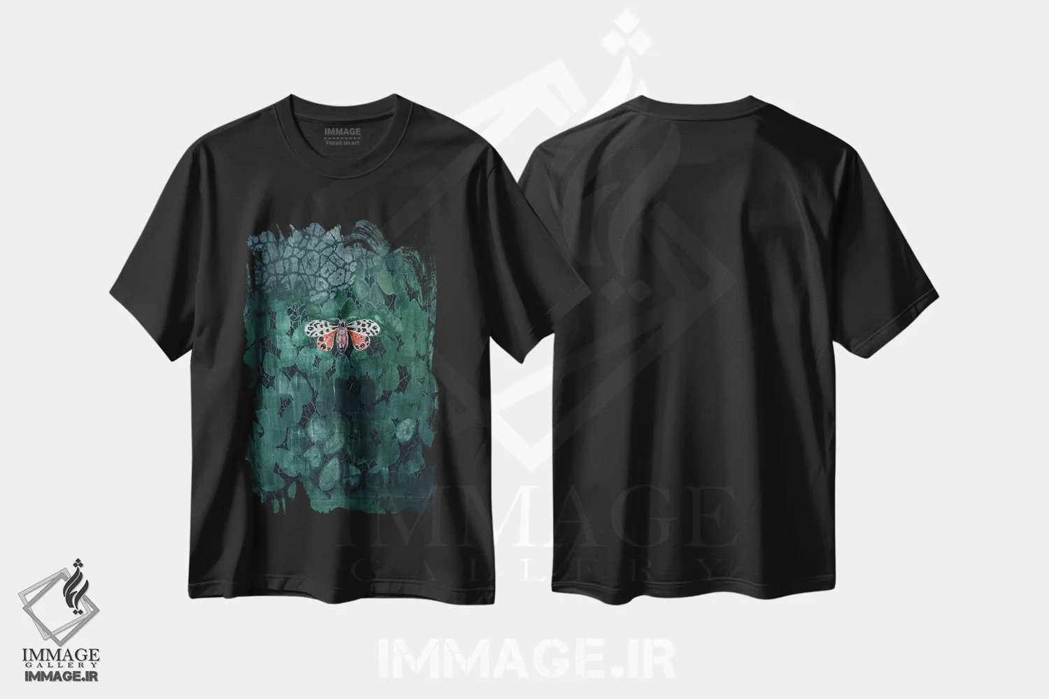 تیشرت مشکی طرح دار – تیشرت طبیعت ,شب پره روی برگ ها اثر میری اشت فروشگاه ایماژ