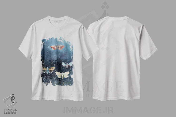 تیشرت سفید طرح دار – تیشرت طبیعت ,شب پره های شبانه روی زمینه آبی اثر میری اشت immage.ir