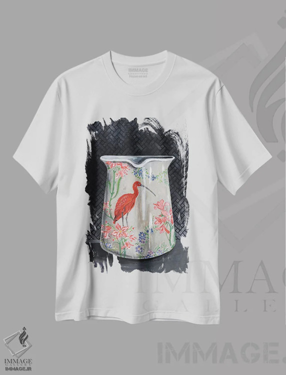 تیشرت سفید طرح دار – تیشرت هنری ,گلدان با نقش ایبیس سرخ اثر میری اشت فروشگاه ایماژ