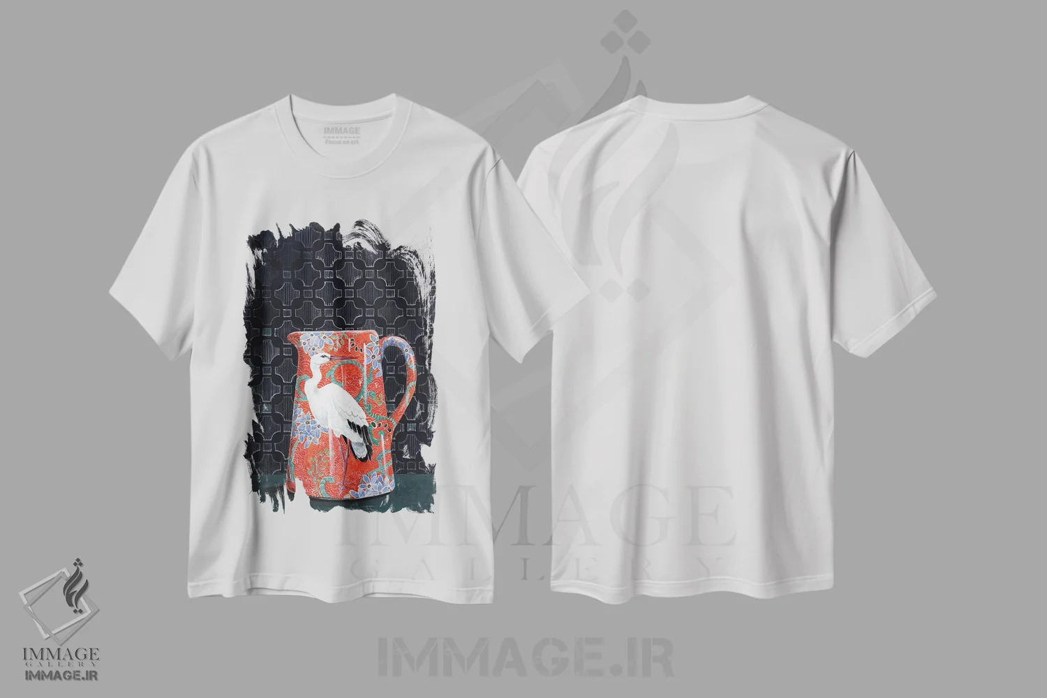 تیشرت سفید طرح دار – تیشرت هنری ,پارچ قرمز با نقش لک لک اثر میری اشت immage.ir