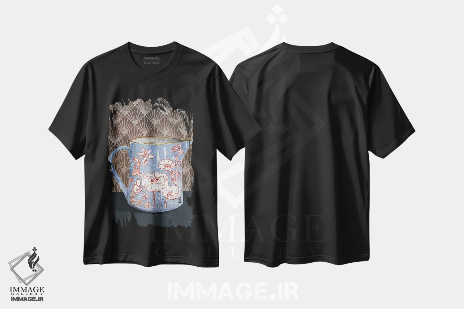 تیشرت مشکی طرح دار – تیشرت هنری ,گلدان گل دار آبی کم رنگ اثر میری اشت immage.ir
