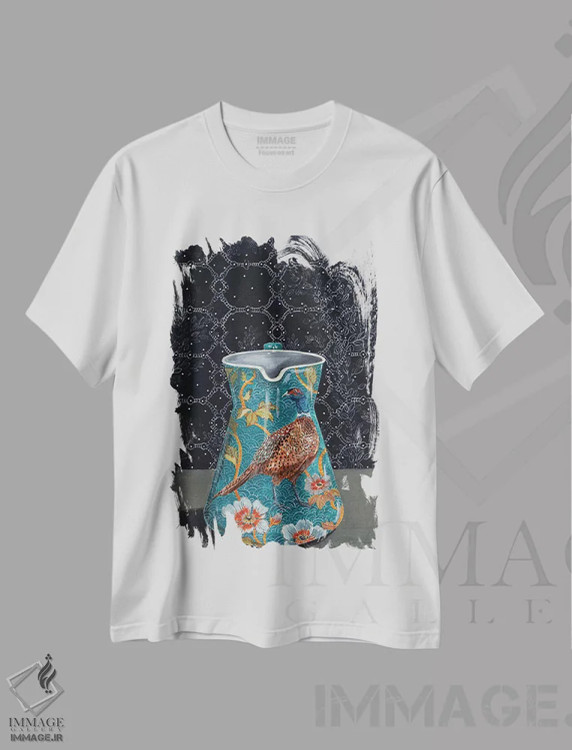 تیشرت سفید طرح دار – تیشرت هنری ,پارچ فیروزه ای با نقش قرقاول اثر میری اشت immage.ir