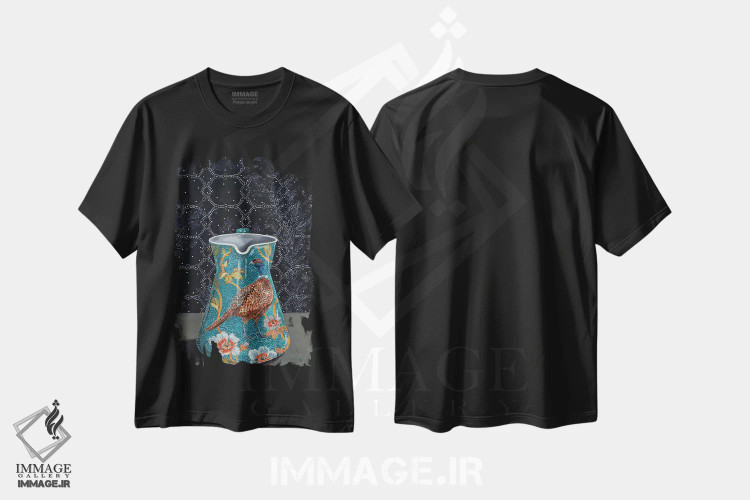 تیشرت مشکی طرح دار – تیشرت هنری ,پارچ فیروزه ای با نقش قرقاول اثر میری اشت فروشگاه ایماژ