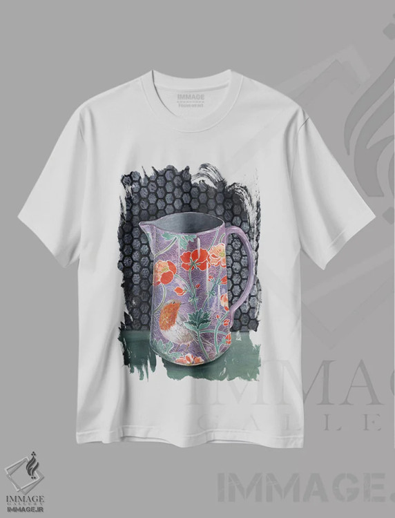 تیشرت سفید طرح دار – تیشرت هنری ,گلدان بنفش با سینه سرخ اثر میری اشت فروشگاه ایماژ