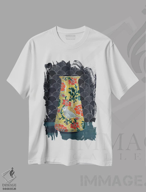 تیشرت سفید طرح دار – تیشرت هنری ,گلدان زرد با پرنده چرخ ریسک اثر میری اشت immage.ir