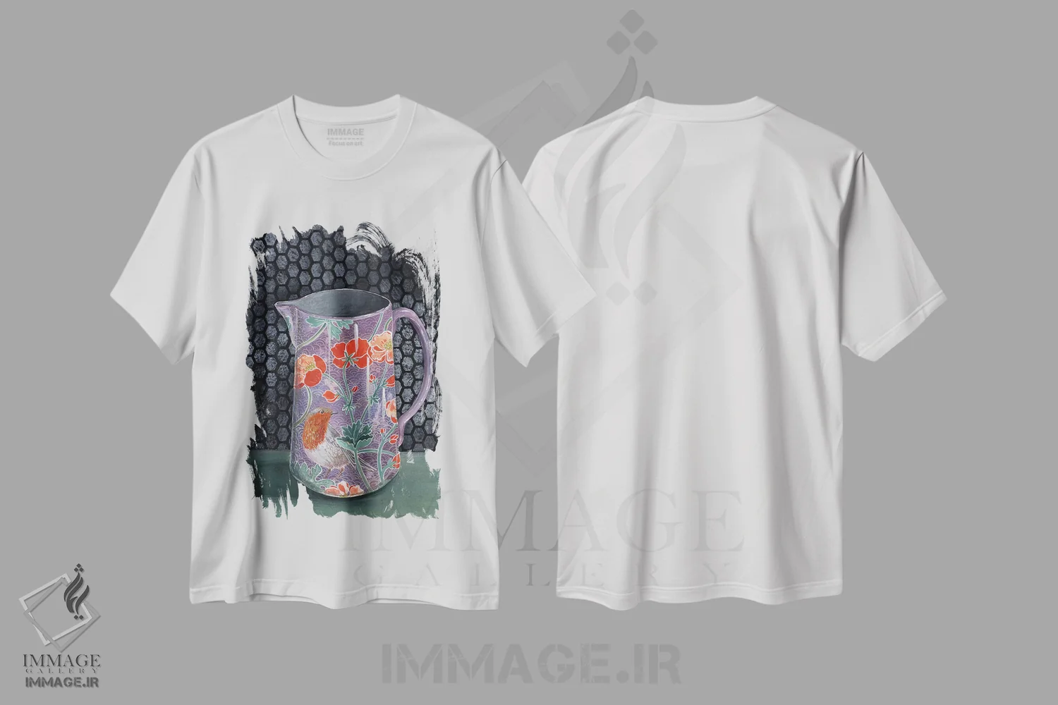 تیشرت سفید طرح دار – تیشرت هنری ,گلدان بنفش با سینه سرخ اثر میری اشت فروشگاه ایماژ