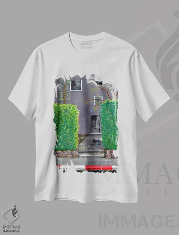 تیشرت سفید طرح دار – تیشرت هنری ,گربه سیاه اثر میری اشت immage.ir