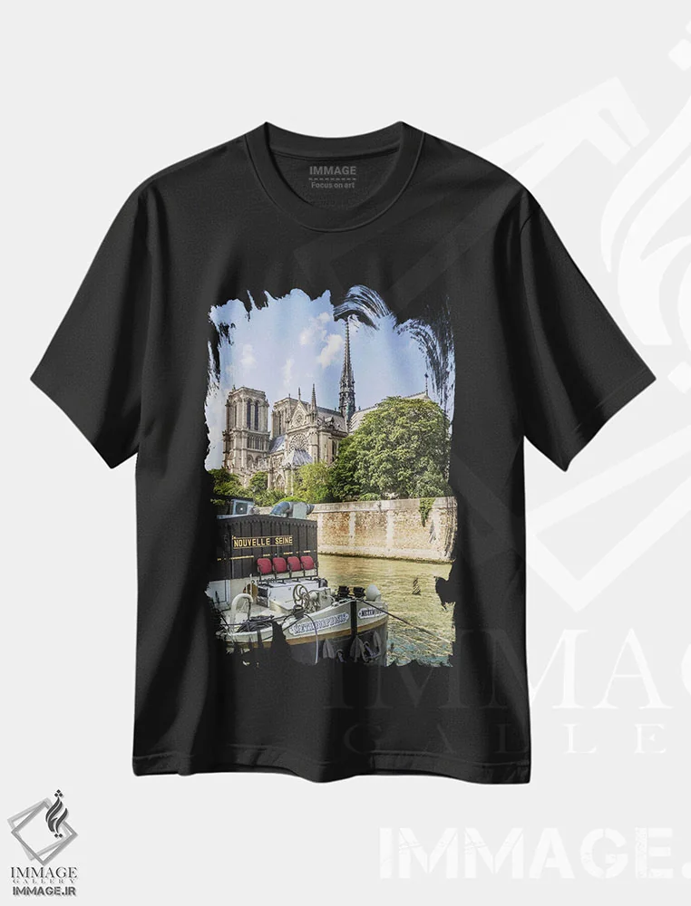 تیشرت مشکی طرح دار – تیشرت شهری ,کلیسای جامع نوتردام پاریس و رود سن اثر ملانی ویولا immage.ir