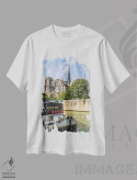 تیشرت سفید طرح دار – تیشرت شهری ,کلیسای جامع نوتردام پاریس و رود سن اثر ملانی ویولا فروشگاه ایماژ