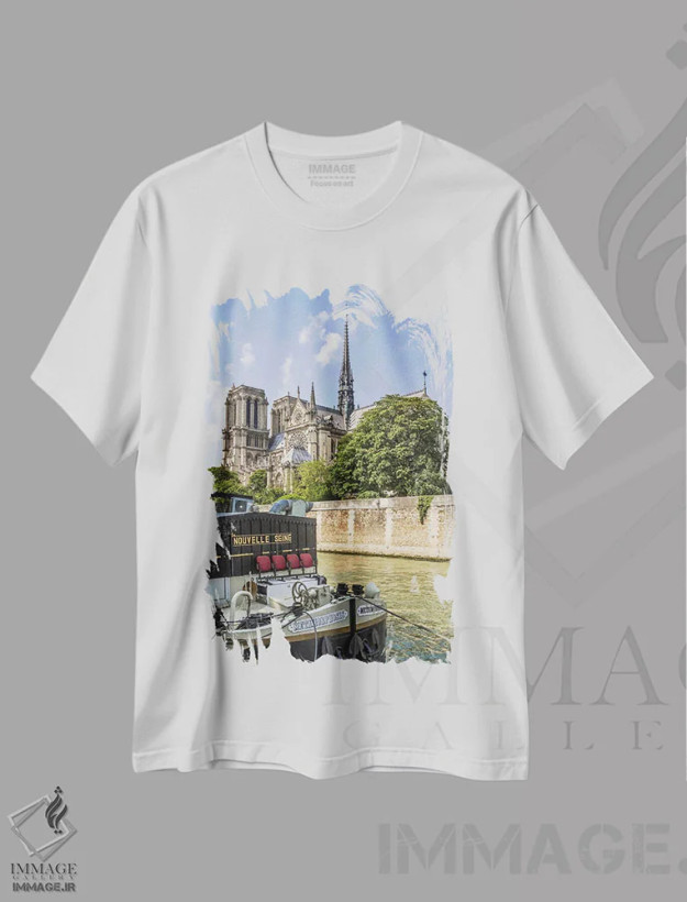 تیشرت سفید طرح دار – تیشرت شهری ,کلیسای جامع نوتردام پاریس و رود سن اثر ملانی ویولا فروشگاه ایماژ