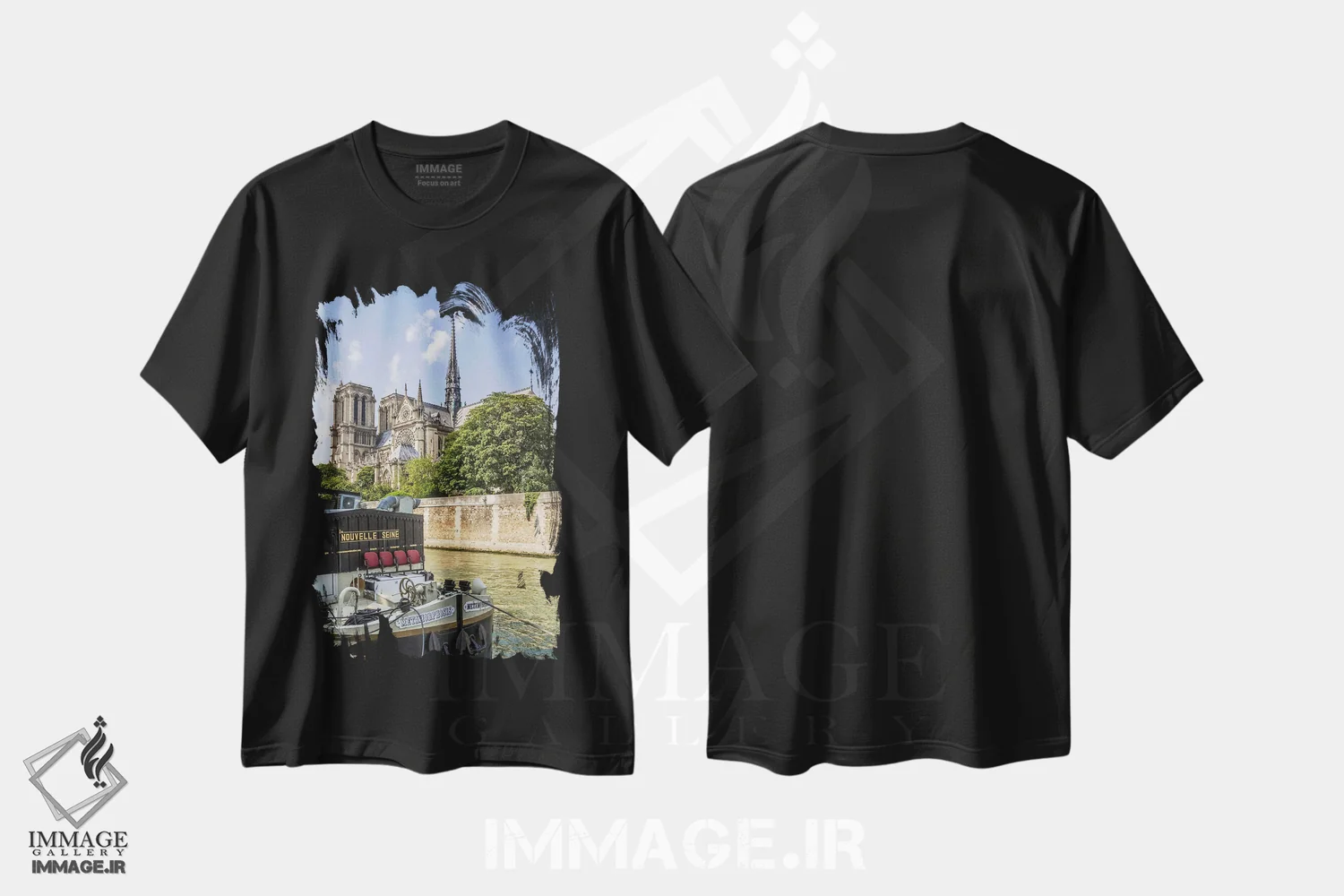 تیشرت مشکی طرح دار – تیشرت شهری ,کلیسای جامع نوتردام پاریس و رود سن اثر ملانی ویولا immage.ir