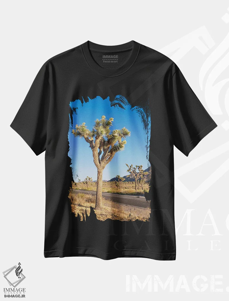تیشرت مشکی طرح دار – تیشرت طبیعت ,درخت جاشوا کنار بلوار پارک اثر ملانی ویولا فروشگاه ایماژ