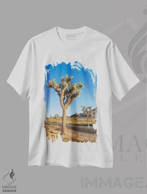 تیشرت سفید طرح دار – تیشرت طبیعت ,درخت جاشوا کنار بلوار پارک اثر ملانی ویولا immage.ir