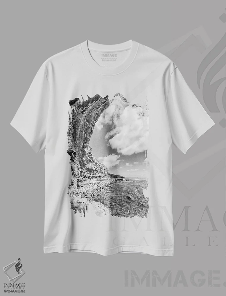 تیشرت سفید طرح دار – تیشرت طبیعت ,ساحل صخره های غروب سان دیه گو به صورت تک رنگ اثر ملانی ویولا فروشگاه ایماژ