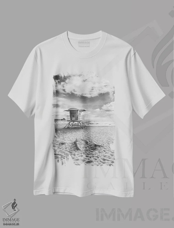 تیشرت سفید طرح دار – تیشرت طبیعت ساحلی ,ساحل امپریال کالیفرنیا به صورت تک رنگ اثر ملانی ویولا immage.ir