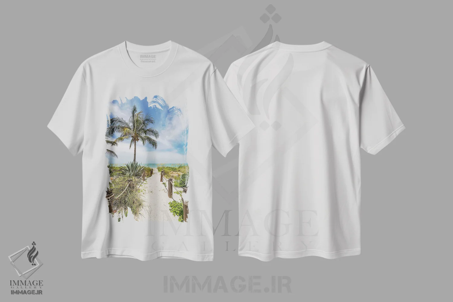 تیشرت سفید طرح دار – تیشرت طبیعت ساحلی ,مسیر شنی به سوی ساحل اثر ملانی ویولا immage.ir