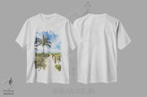 تیشرت سفید طرح دار – تیشرت طبیعت ساحلی ,مسیر شنی به سوی ساحل اثر ملانی ویولا immage.ir
