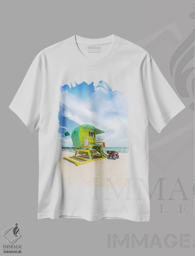 تیشرت سفید طرح دار – تیشرت طبیعت ,منظره اقیانوس ساحل میامی اثر ملانی ویولا فروشگاه ایماژ