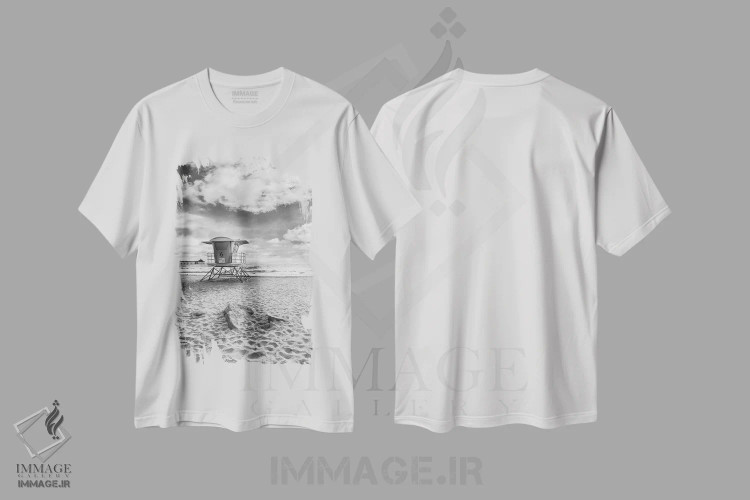 تیشرت سفید طرح دار – تیشرت طبیعت ساحلی ,ساحل امپریال کالیفرنیا به صورت تک رنگ اثر ملانی ویولا immage.ir