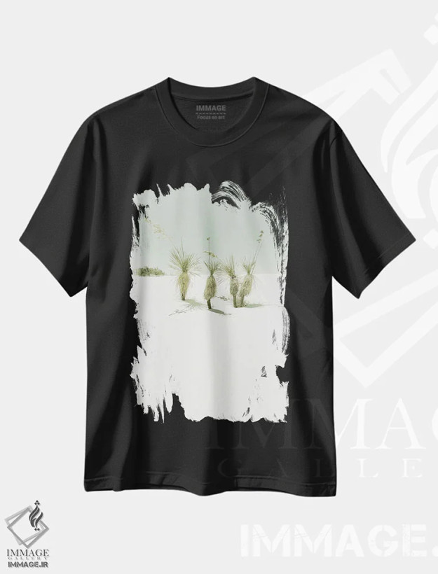 تیشرت مشکی طرح دار – تیشرت طبیعت ,منظره نوستالژیک و رویایی شن های سفید اثر ملانی ویولا فروشگاه ایماژ