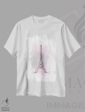 تیشرت سفید طرح دار – تیشرت هنری پاریس ,برج ایفل با هنر آبرنگی به رنگ صورتی اثر ملانی ویولا immage.ir