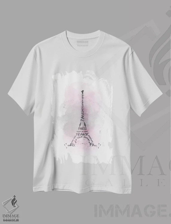 تیشرت سفید طرح دار – تیشرت هنری پاریس ,برج ایفل با هنر آبرنگی به رنگ صورتی اثر ملانی ویولا immage.ir