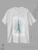 تیشرت سفید طرح دار – تیشرت پاریس ,برج ایفل با هنر آبرنگی فیروزه ای اثر ملانی ویولا immage.ir