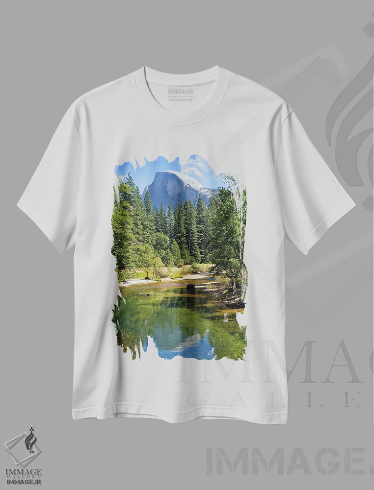 تیشرت سفید طرح دار – تیشرت طبیعت ,دره یوسیمیتی، هاف دوم و رودخانه مرسی اثر ملانی ویولا فروشگاه ایماژ