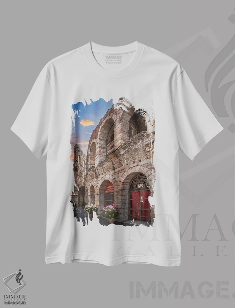 تیشرت سفید طرح دار – تیشرت معماری ,آرنا ورونا اثر ملانی ویولا فروشگاه ایماژ