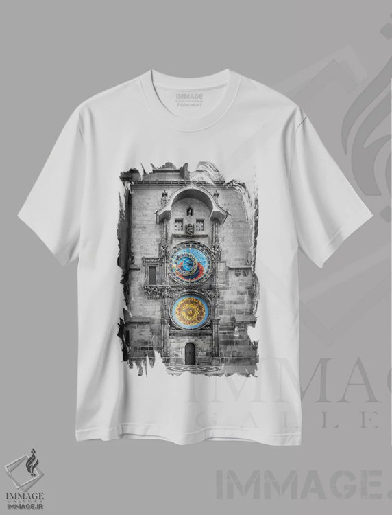 تیشرت سفید طرح دار – تیشرت هنری ,ساعت اورلوی پراگ اثر ملانی ویولا immage.ir
