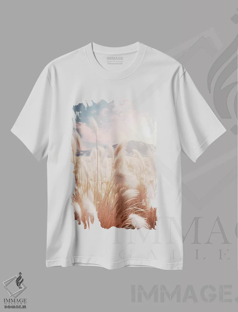 تیشرت سفید طرح دار – تیشرت طبیعت ,هنر غروب با علف پامپاس اثر ملانی ویولا immage.ir