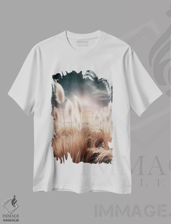 تیشرت سفید طرح دار – تیشرت طبیعت ,توهم هنری با علف پامپاس اثر ملانی ویولا فروشگاه ایماژ