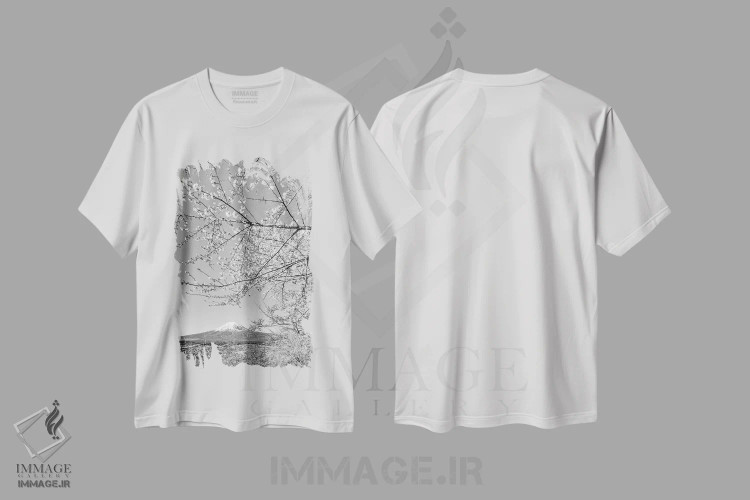 تیشرت سفید طرح دار – تیشرت طبیعت ,منظره دل انگیز فوجی با شکوفه های گیلاس اثر ملانی ویولا فروشگاه ایماژ