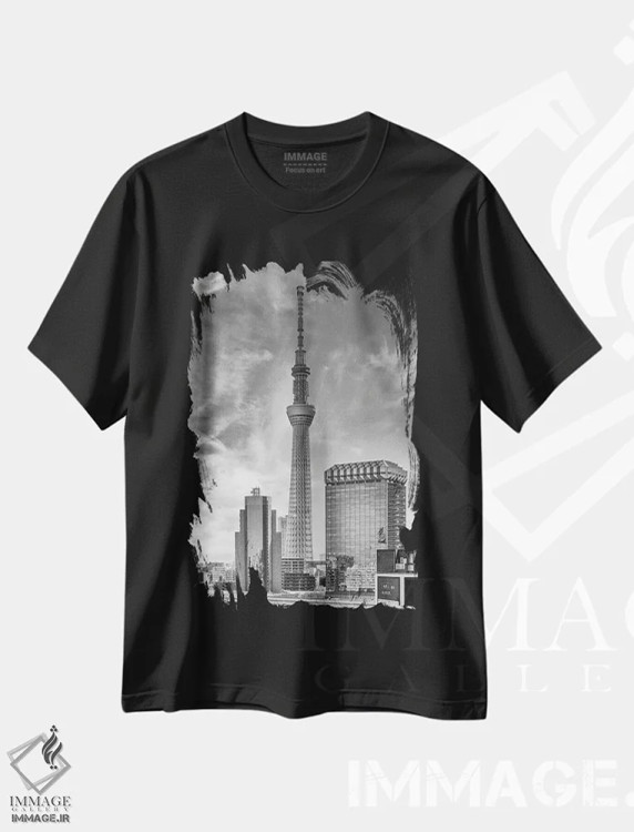 تیشرت مشکی طرح دار – تیشرت شهری ,توکیو اسکای تری چشمگیر در کنار رودخانه سومیدا اثر ملانی ویولا فروشگاه ایماژ