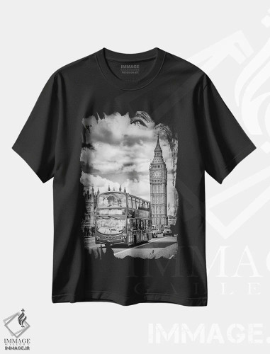 تیشرت مشکی طرح دار – تیشرت معماری ,ساختمان پارلمان لندن و ترافیک اطراف اثر ملانی ویولا فروشگاه ایماژ