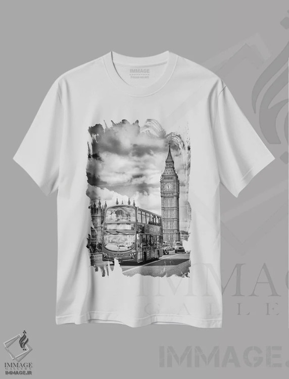 تیشرت سفید طرح دار – تیشرت معماری ,ساختمان پارلمان لندن و ترافیک اطراف اثر ملانی ویولا immage.ir