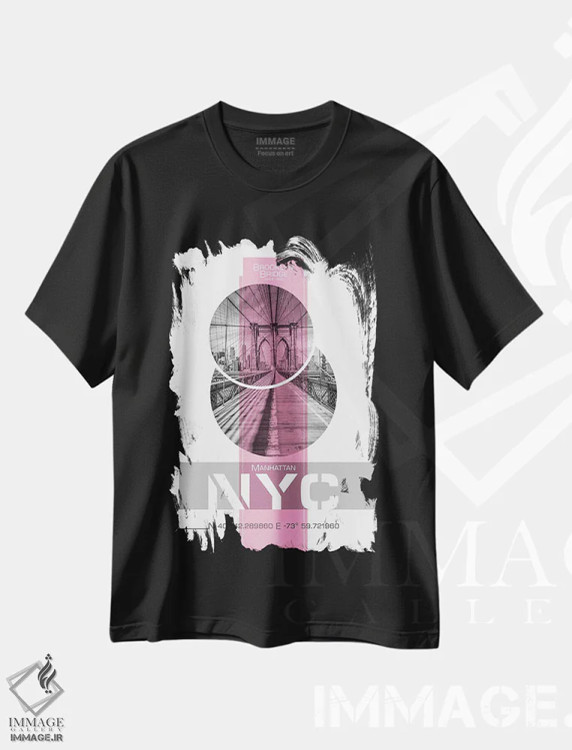تیشرت مشکی طرح دار – تیشرت شهری ,پوستر آرت پل بروکلین نیویورک | صورتی اثر ملانی ویولا فروشگاه ایماژ