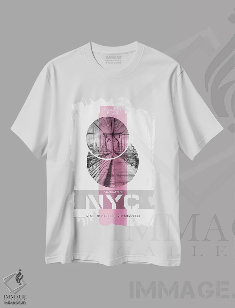 تیشرت سفید طرح دار – تیشرت شهری ,پوستر آرت پل بروکلین نیویورک | صورتی اثر ملانی ویولا immage.ir