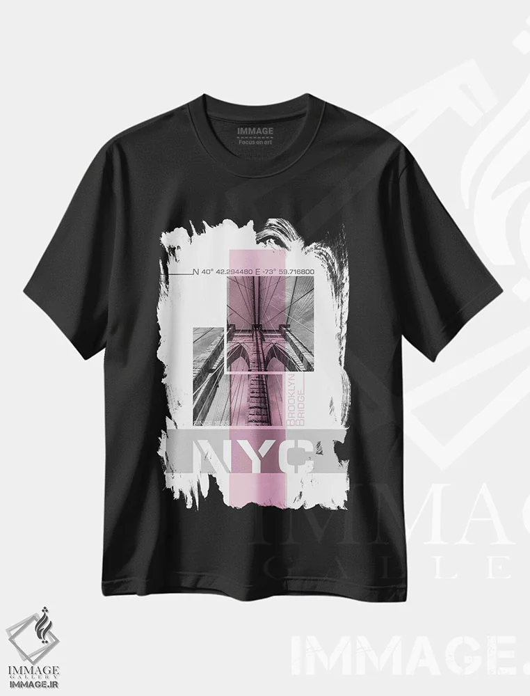 تیشرت مشکی طرح دار – تیشرت شهری ,پوستر آرت جزئیات پل بروکلین نیویورک | صورتی اثر ملانی ویولا فروشگاه ایماژ