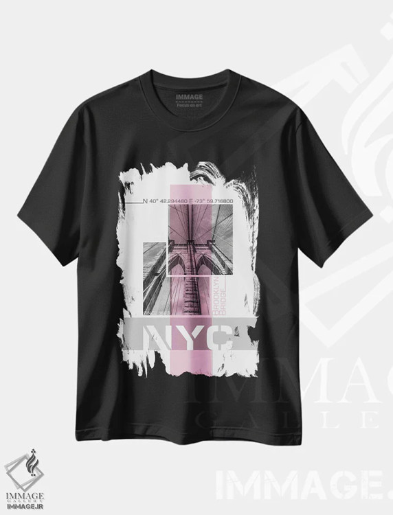 تیشرت مشکی طرح دار – تیشرت شهری ,پوستر آرت جزئیات پل بروکلین نیویورک | صورتی اثر ملانی ویولا فروشگاه ایماژ
