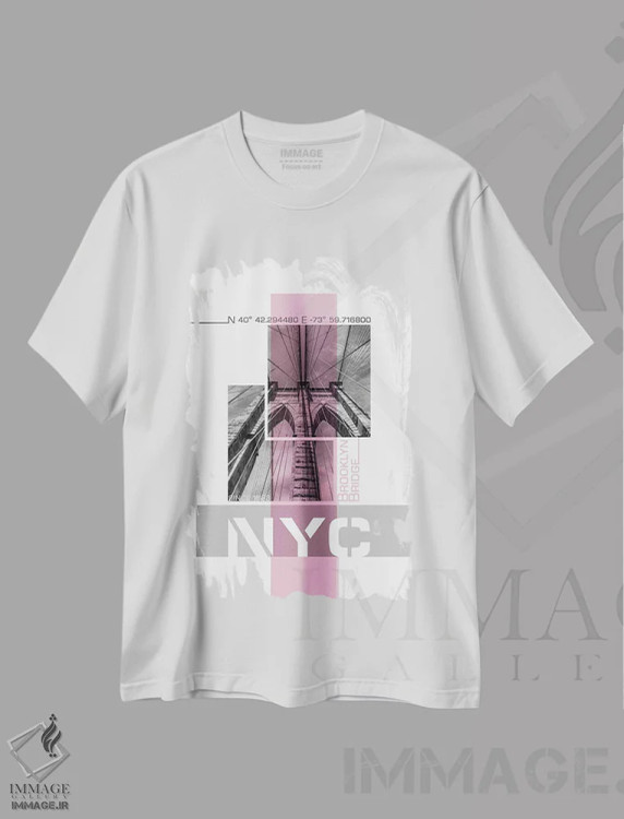 تیشرت سفید طرح دار – تیشرت شهری ,پوستر آرت جزئیات پل بروکلین نیویورک | صورتی اثر ملانی ویولا immage.ir
