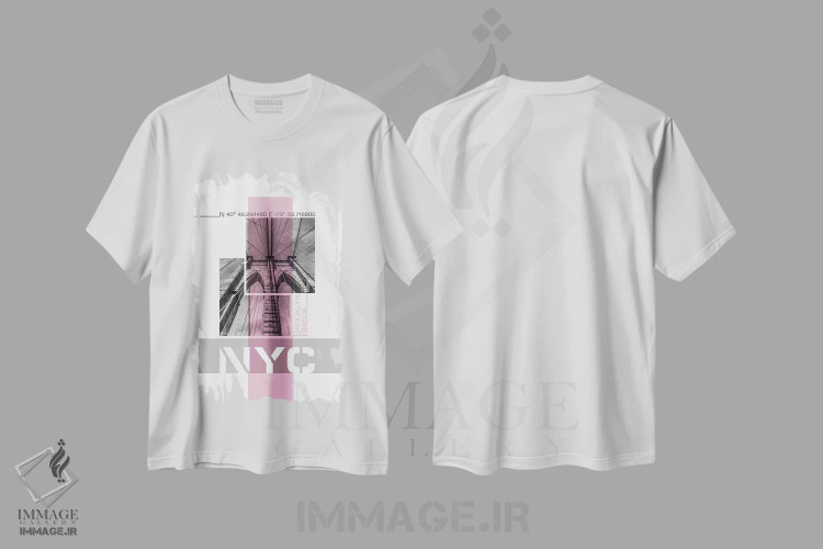 تیشرت سفید طرح دار – تیشرت شهری ,پوستر آرت جزئیات پل بروکلین نیویورک | صورتی اثر ملانی ویولا immage.ir
