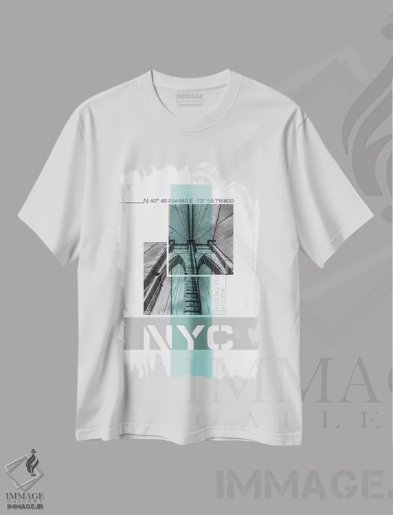 تیشرت سفید طرح دار – تیشرت معماری ,پوستر آرت جزئیات پل بروکلین نیویورک | فیروزه ای اثر ملانی ویولا immage.ir